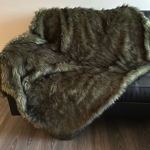 West Elm Forest Green and Black Faux Fur Throw